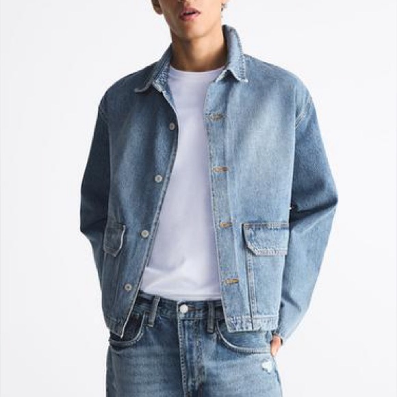 Zara Denim Utility Jacket Boxy Fit Rigid Cotton Mens Size Large - Picture 10 of 11
